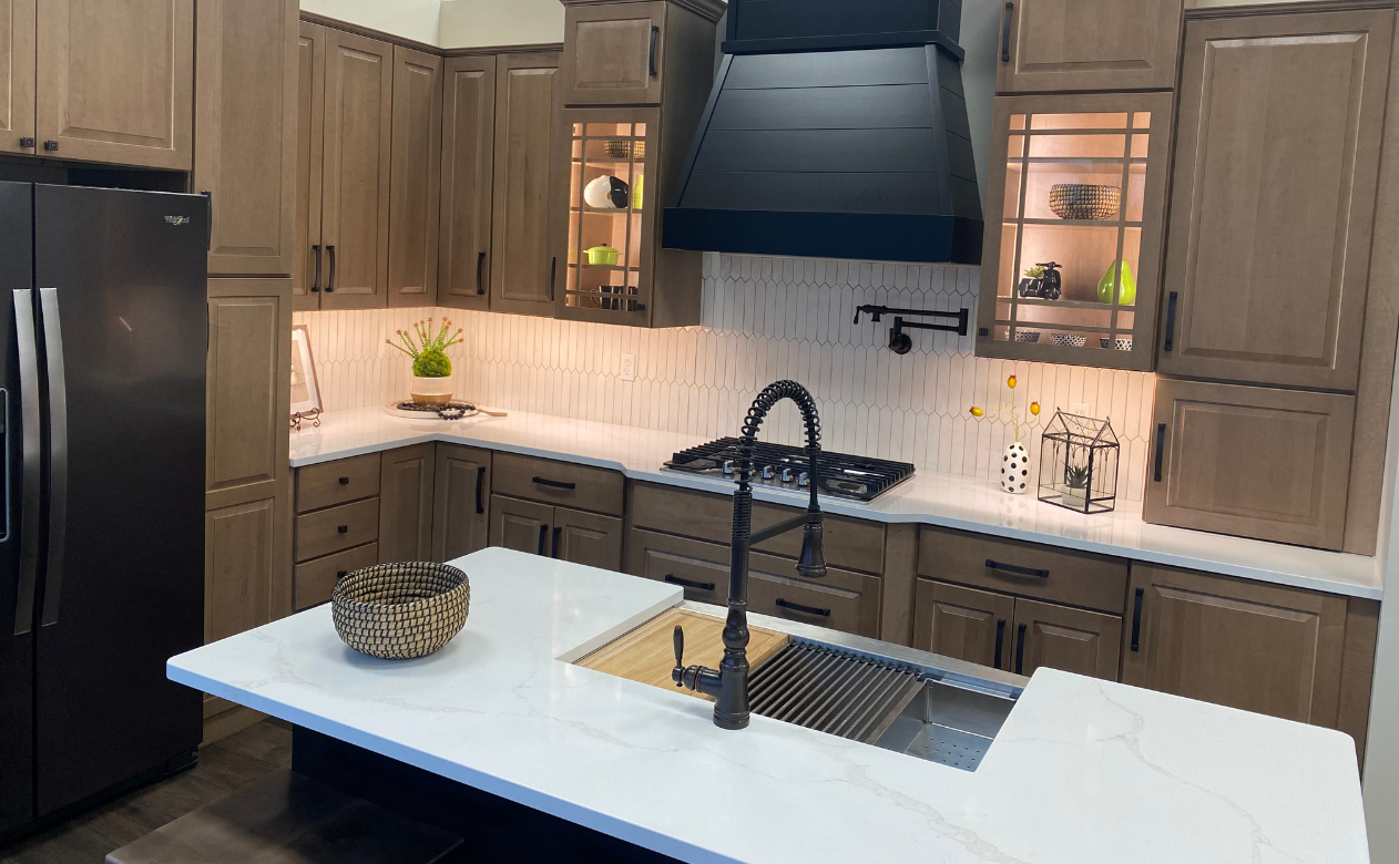 White granite countertops in a kitchen display in Ramsey, MN