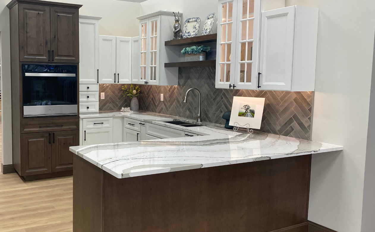White and natural wood kitchen cabinets in Ramsey, MN