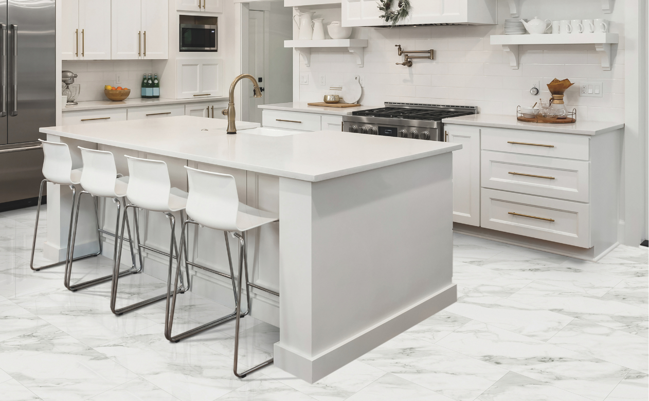 Marble countertops in a kitchen display