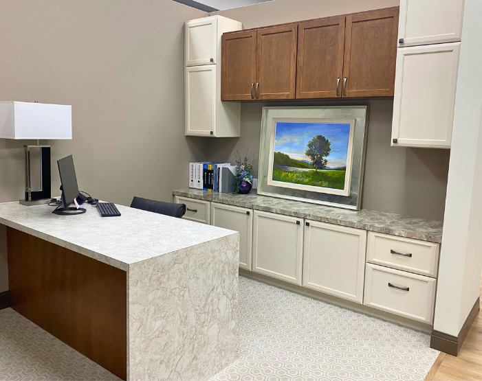 Waterfall countertops and granite in an office in Ramsey, MN