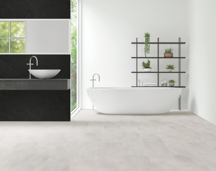 Gray tile flooring in a bathroom