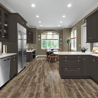 wood flooring in kitchen with benjamin moore silhouette cabinets